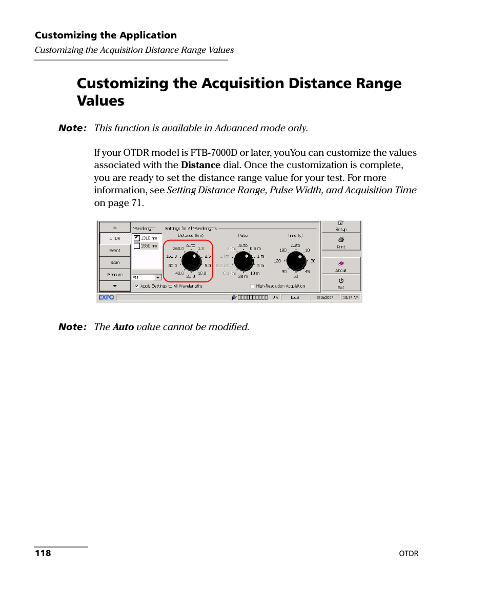 Customizing the acquisition distance range values | EXFO FTB-7000 OTDR Series for FTB-500 User Manual | Page 132 / 482
