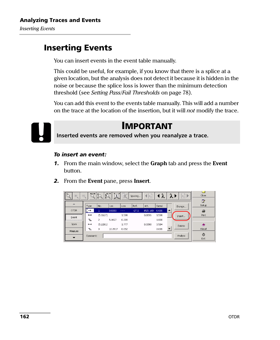Inserting events, Mportant | EXFO FTB-7000 OTDR Series for FTB-500 User Manual | Page 176 / 482