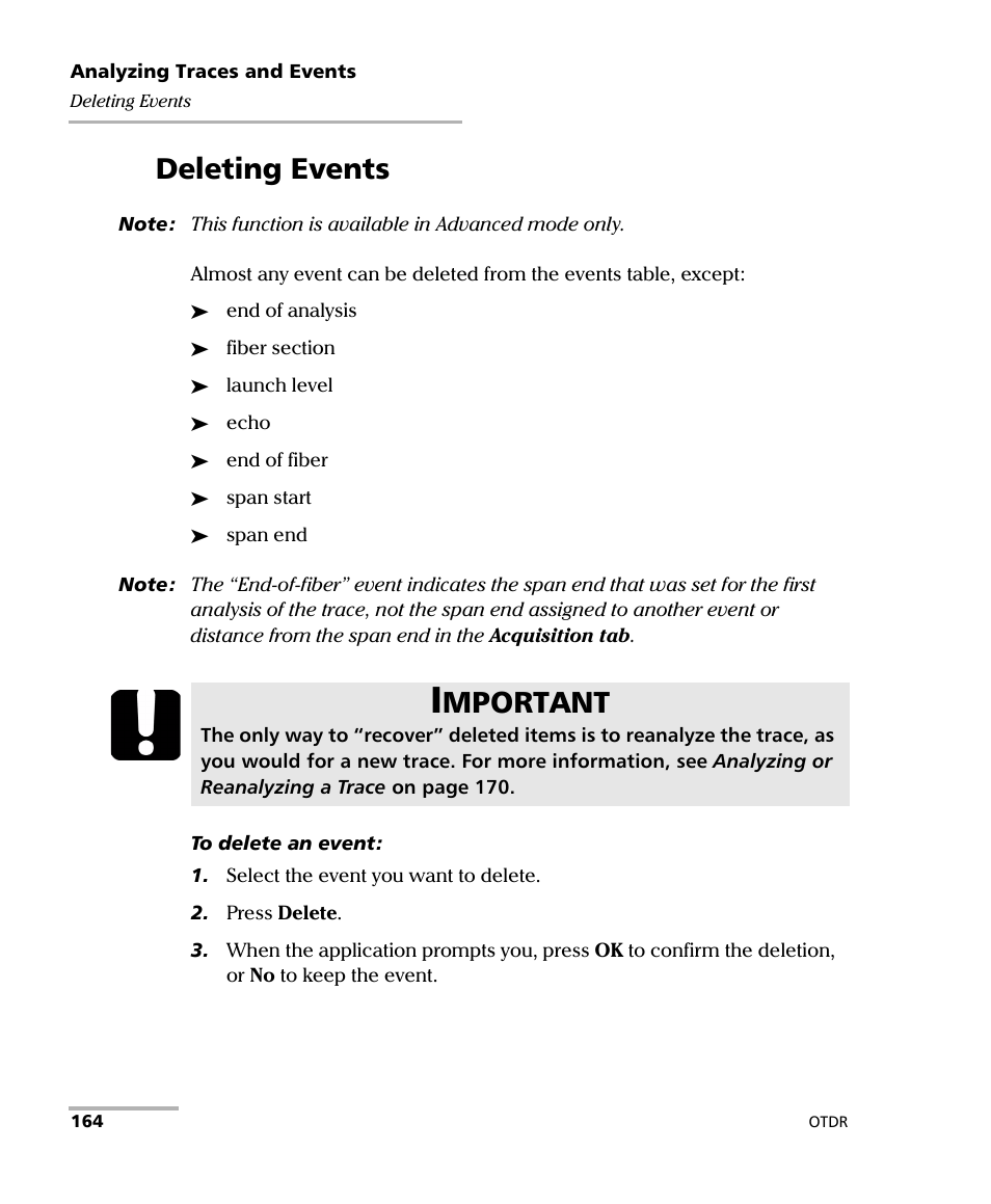 Deleting events, Mportant | EXFO FTB-7000 OTDR Series for FTB-500 User Manual | Page 178 / 482