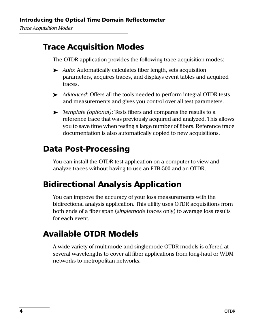 Trace acquisition modes, Data post-processing, Bidirectional analysis application | Available otdr models | EXFO FTB-7000 OTDR Series for FTB-500 User Manual | Page 18 / 482