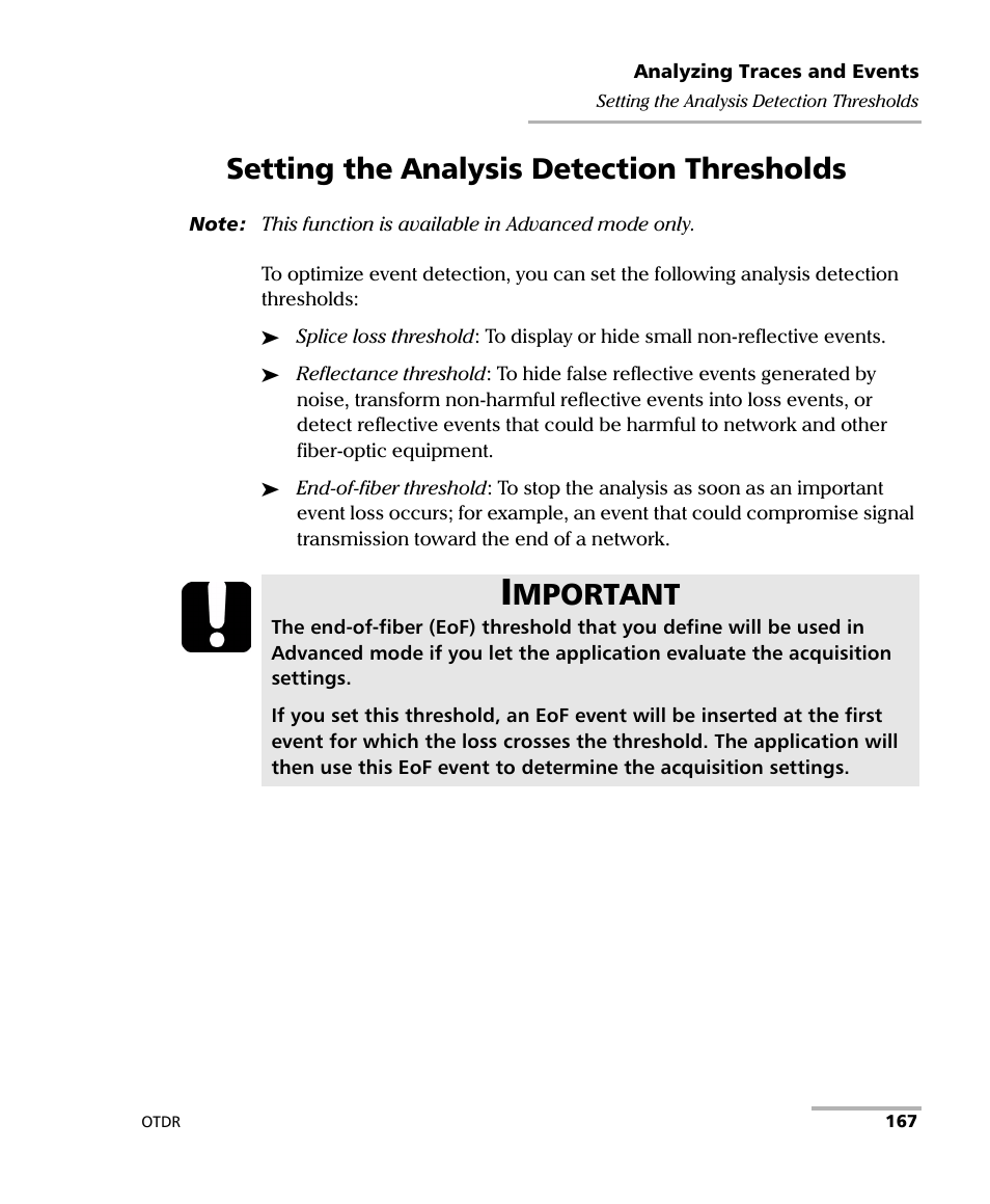 Setting the analysis detection thresholds, Mportant | EXFO FTB-7000 OTDR Series for FTB-500 User Manual | Page 181 / 482