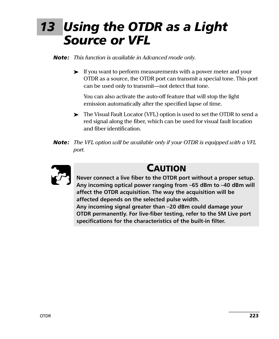 13 using the otdr as a light source or vfl, Aution | EXFO FTB-7000 OTDR Series for FTB-500 User Manual | Page 237 / 482