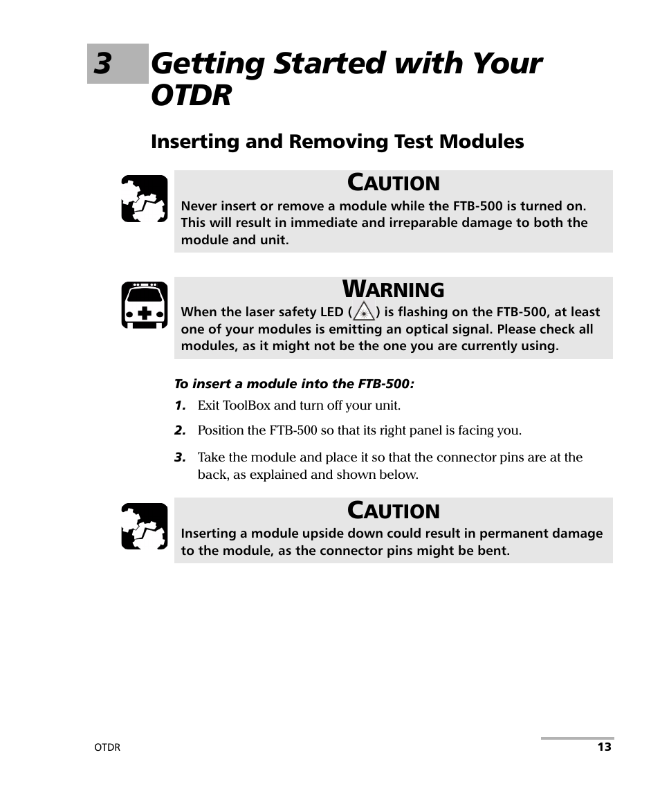 3 getting started with your otdr, Inserting and removing test modules, 3getting started with your otdr | EXFO FTB-7000 OTDR Series for FTB-500 User Manual | Page 27 / 482