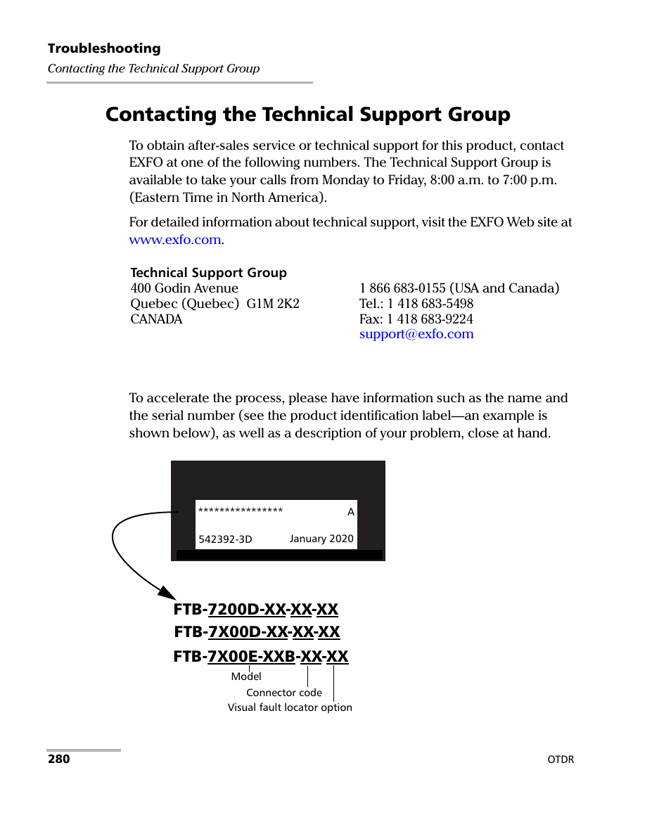 Contacting the technical support group, Ftb-7x00d-xx-xx-xx | EXFO FTB-7000 OTDR Series for FTB-500 User Manual | Page 294 / 482