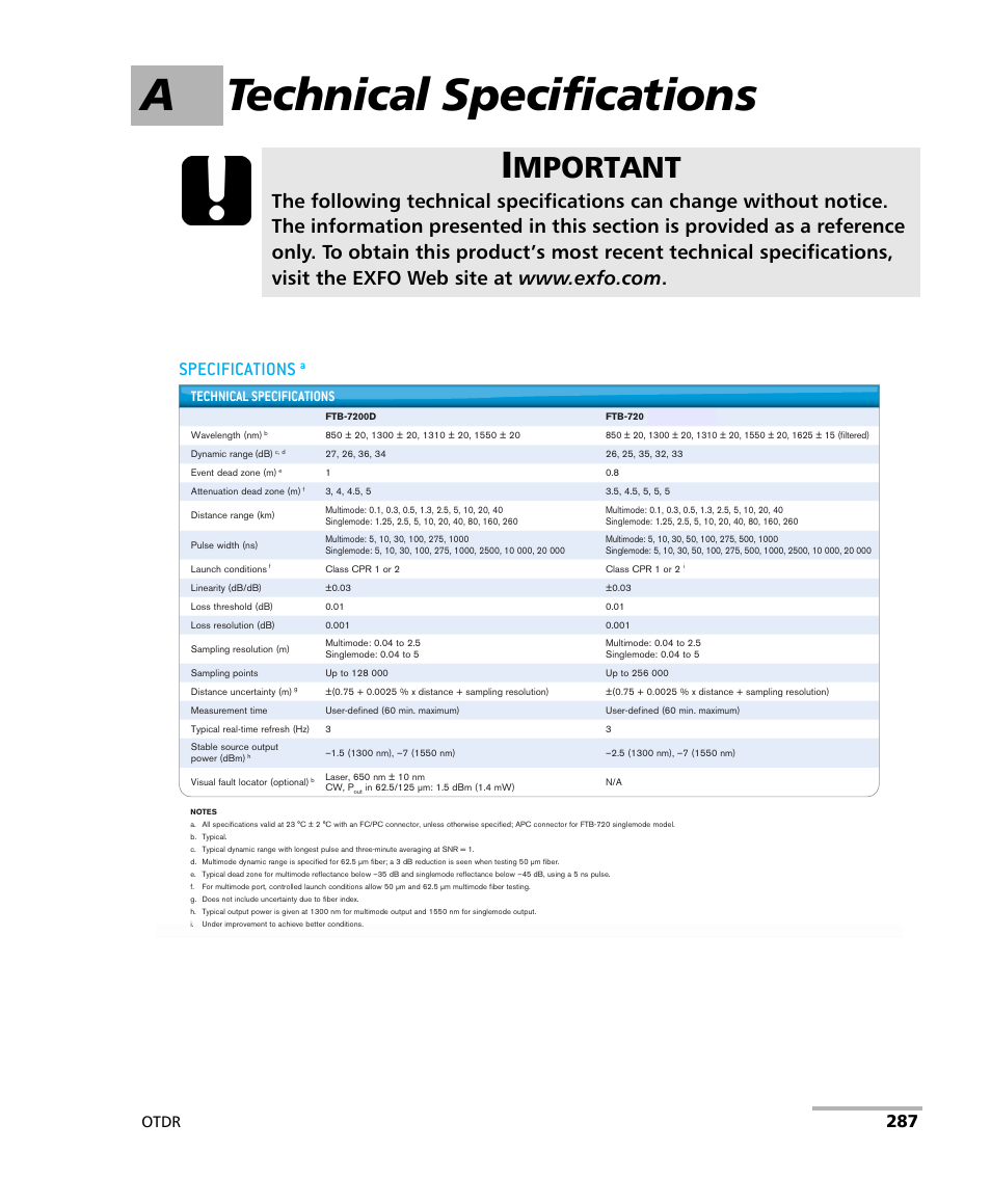 A technical specifications, Mportant, Specifications | Otdr, Technical specifications | EXFO FTB-7000 OTDR Series for FTB-500 User Manual | Page 301 / 482