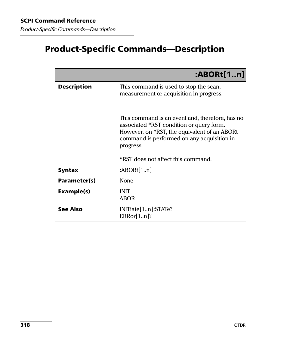Product-specific commands-description, Product-specific commands—description, Abort[1..n | EXFO FTB-7000 OTDR Series for FTB-500 User Manual | Page 332 / 482