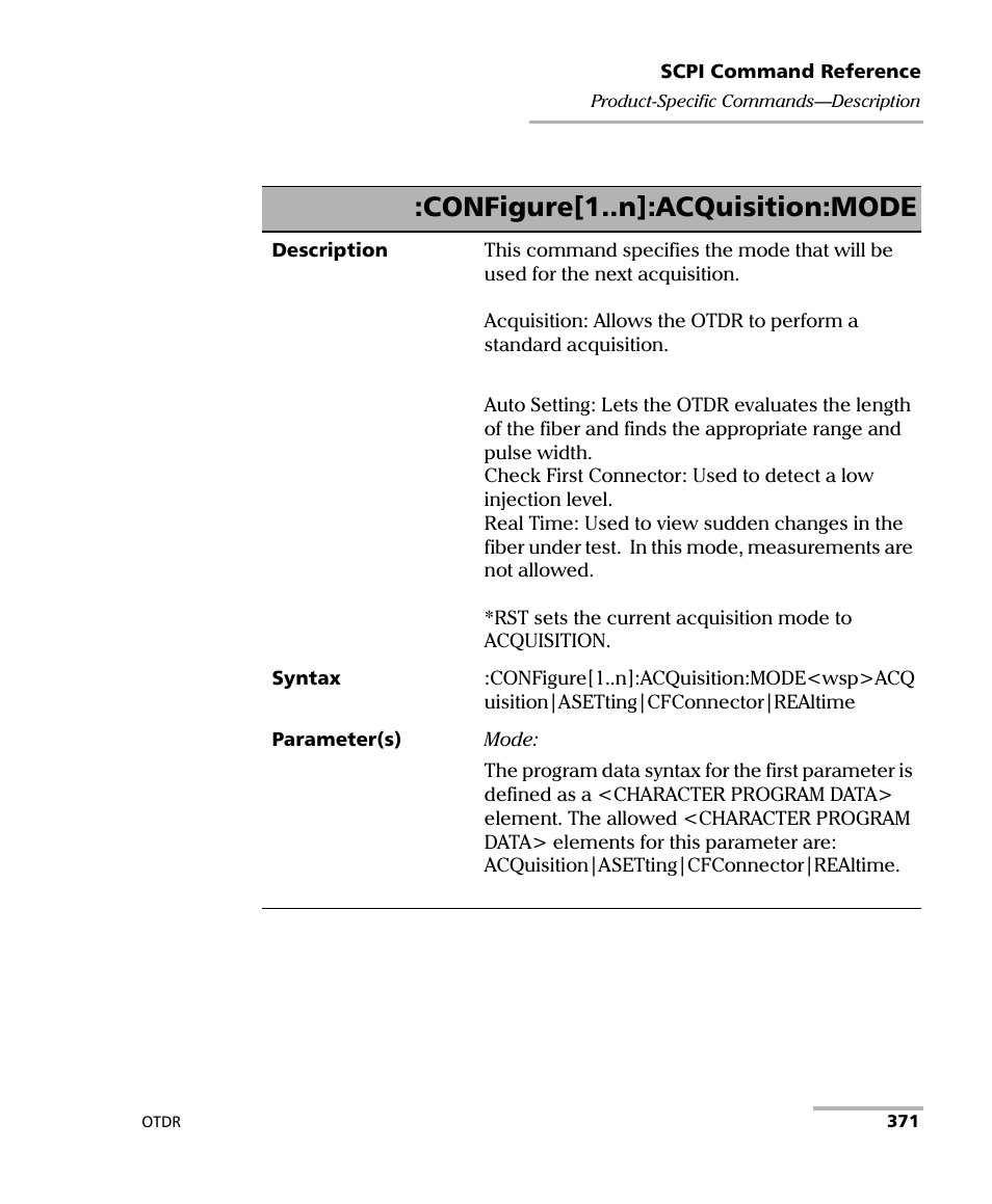 Configure[1..n]:acquisition:mode | EXFO FTB-7000 OTDR Series for FTB-500 User Manual | Page 385 / 482