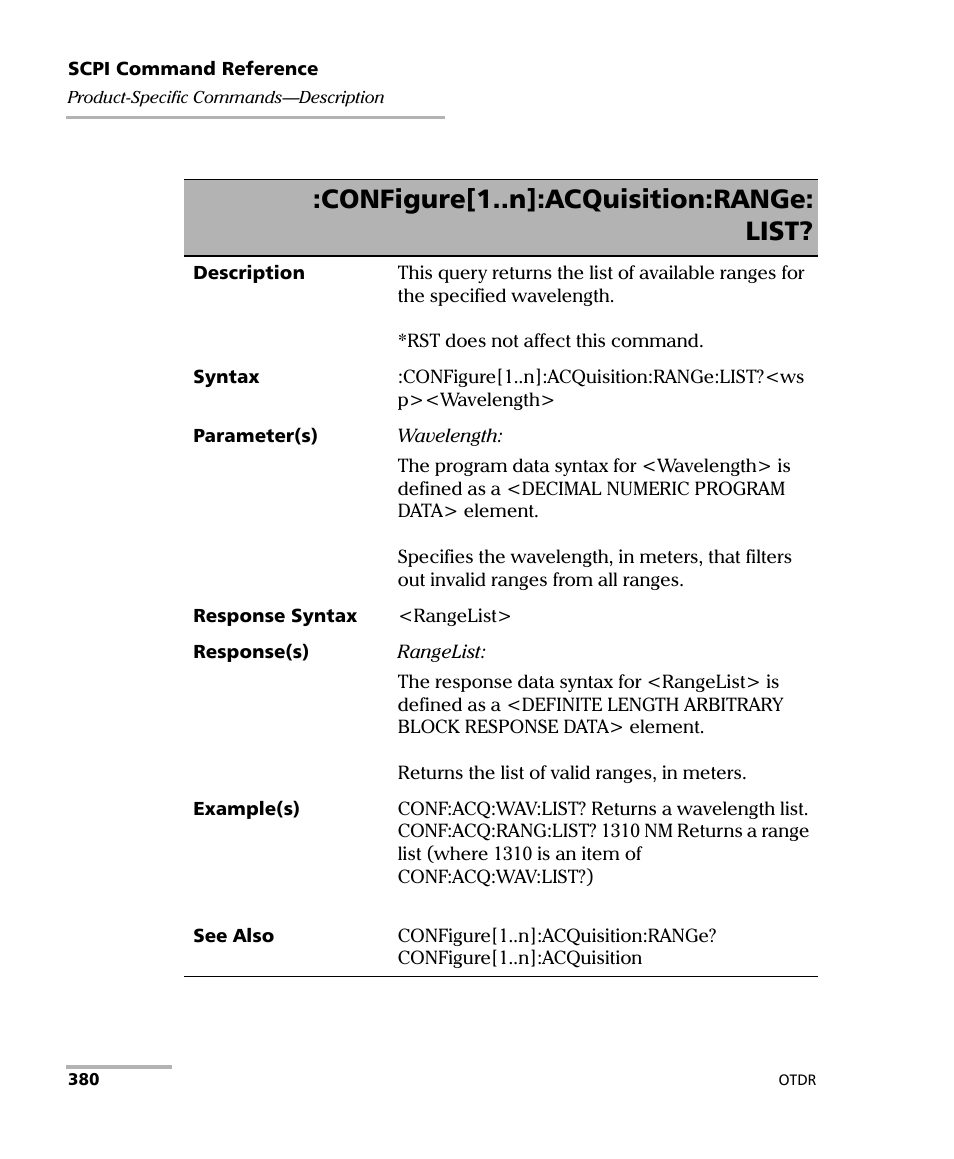 Configure[1..n]:acquisition:range: list | EXFO FTB-7000 OTDR Series for FTB-500 User Manual | Page 394 / 482