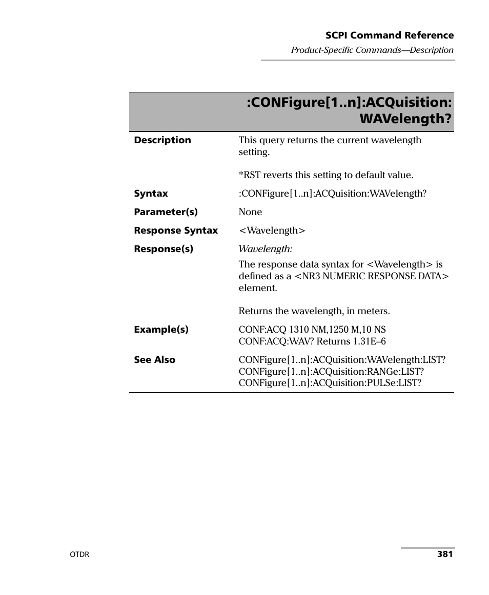 Configure[1..n]:acquisition, Wavelength? on, Configure[1..n]:acquisition: wavelength | EXFO FTB-7000 OTDR Series for FTB-500 User Manual | Page 395 / 482