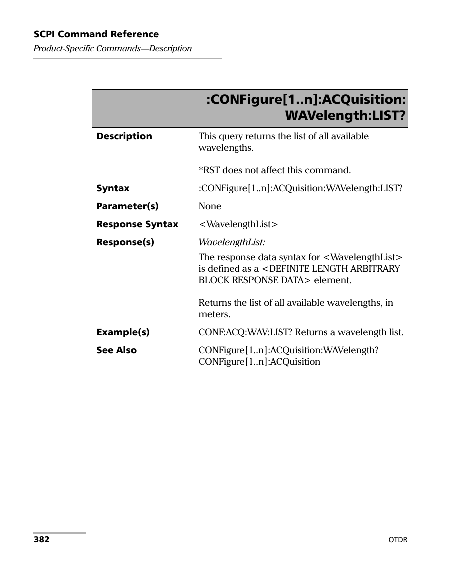 Configure[1..n]:acquisition: wavelength:list | EXFO FTB-7000 OTDR Series for FTB-500 User Manual | Page 396 / 482
