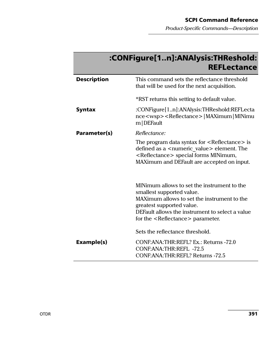 Configure[1..n]:analysis:threshold: reflectance | EXFO FTB-7000 OTDR Series for FTB-500 User Manual | Page 405 / 482