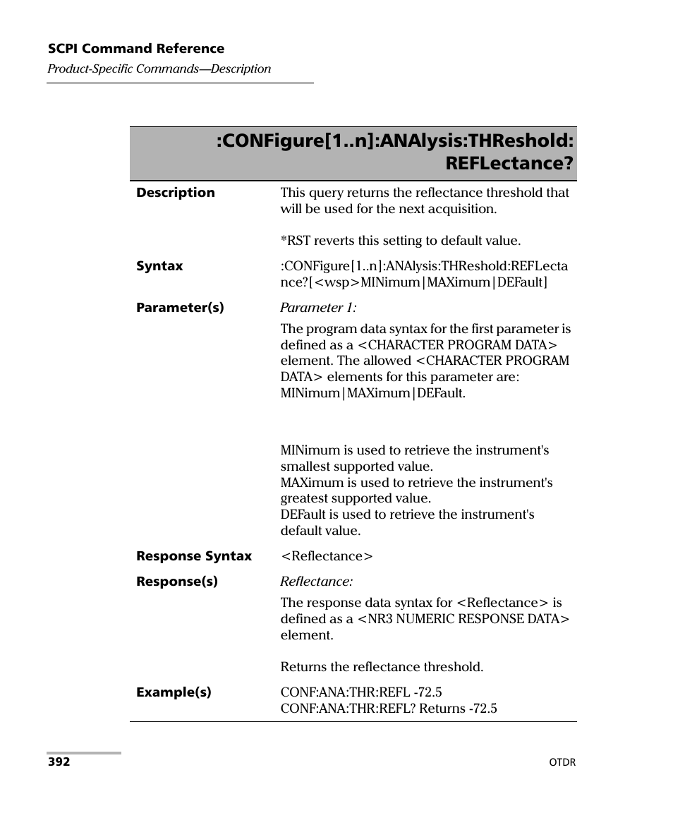 Configure[1..n]:analysis:threshold: reflectance | EXFO FTB-7000 OTDR Series for FTB-500 User Manual | Page 406 / 482