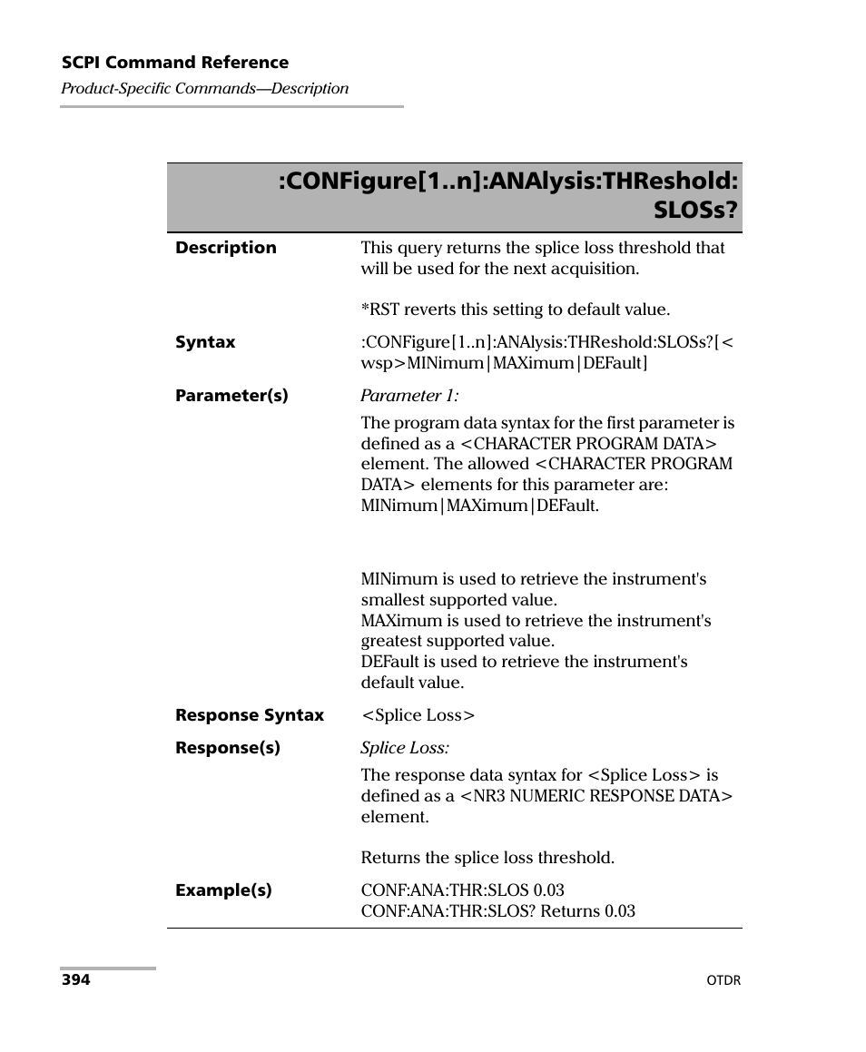 Configure[1..n]:analysis:threshold: sloss | EXFO FTB-7000 OTDR Series for FTB-500 User Manual | Page 408 / 482