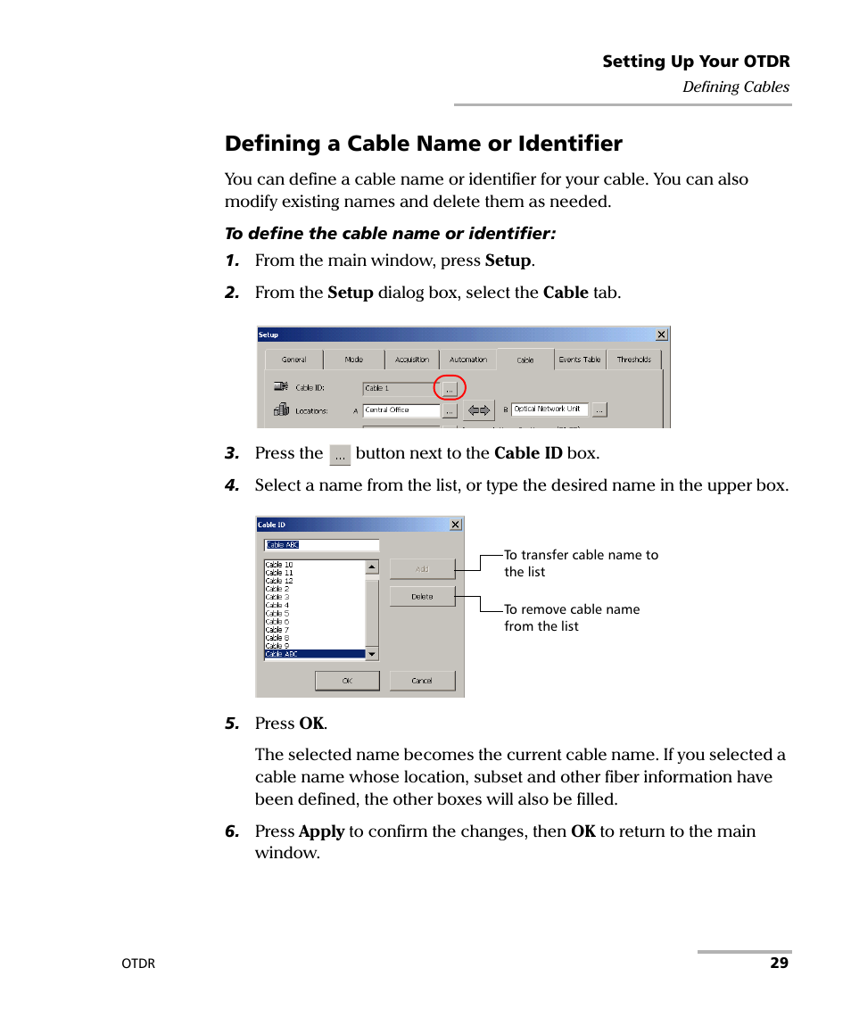 Defining a cable name or identifier | EXFO FTB-7000 OTDR Series for FTB-500 User Manual | Page 43 / 482