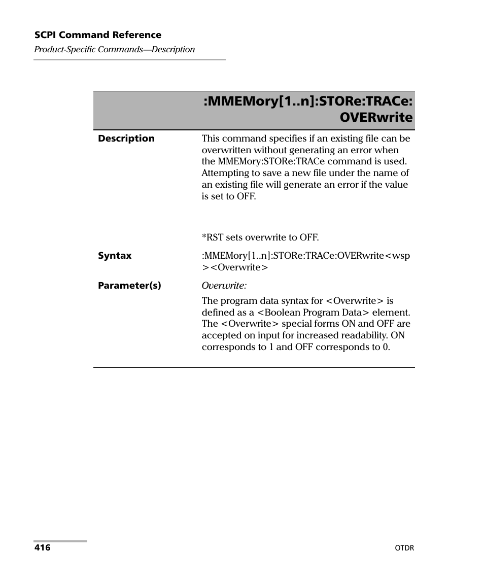 Mmemory[1..n]:store:trace, Overwrite? on | EXFO FTB-7000 OTDR Series for FTB-500 User Manual | Page 430 / 482