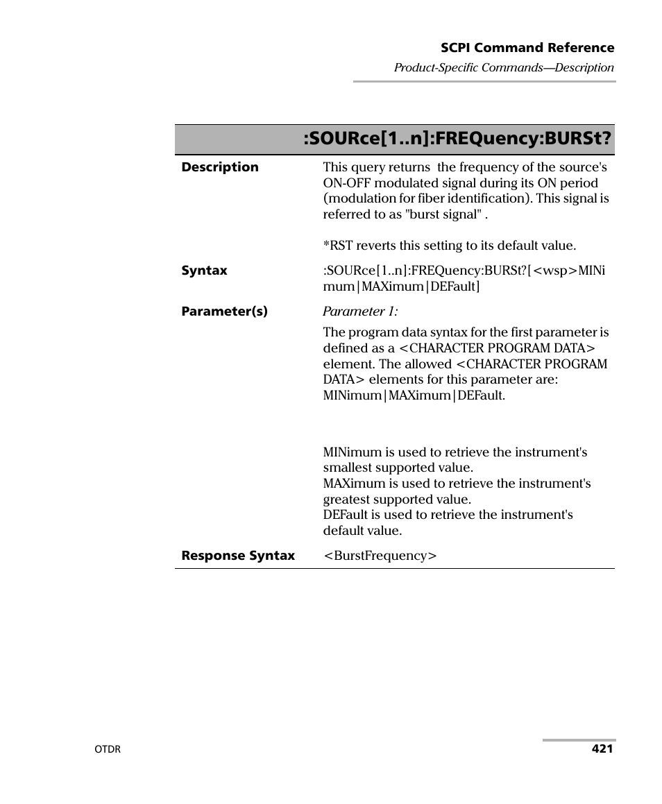 Source[1..n]:frequency:burst | EXFO FTB-7000 OTDR Series for FTB-500 User Manual | Page 435 / 482