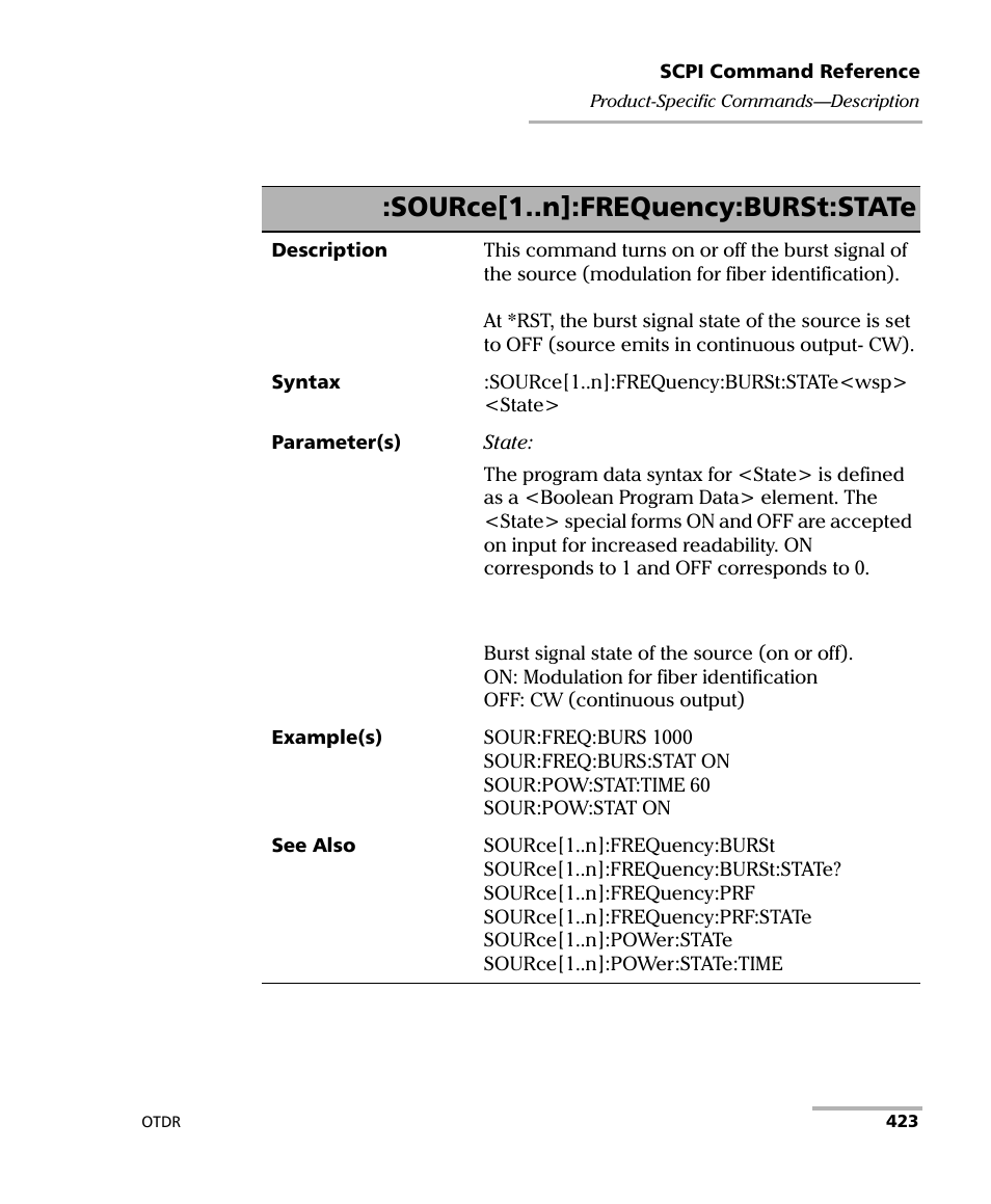 Source[1..n]:frequency:burst:state | EXFO FTB-7000 OTDR Series for FTB-500 User Manual | Page 437 / 482