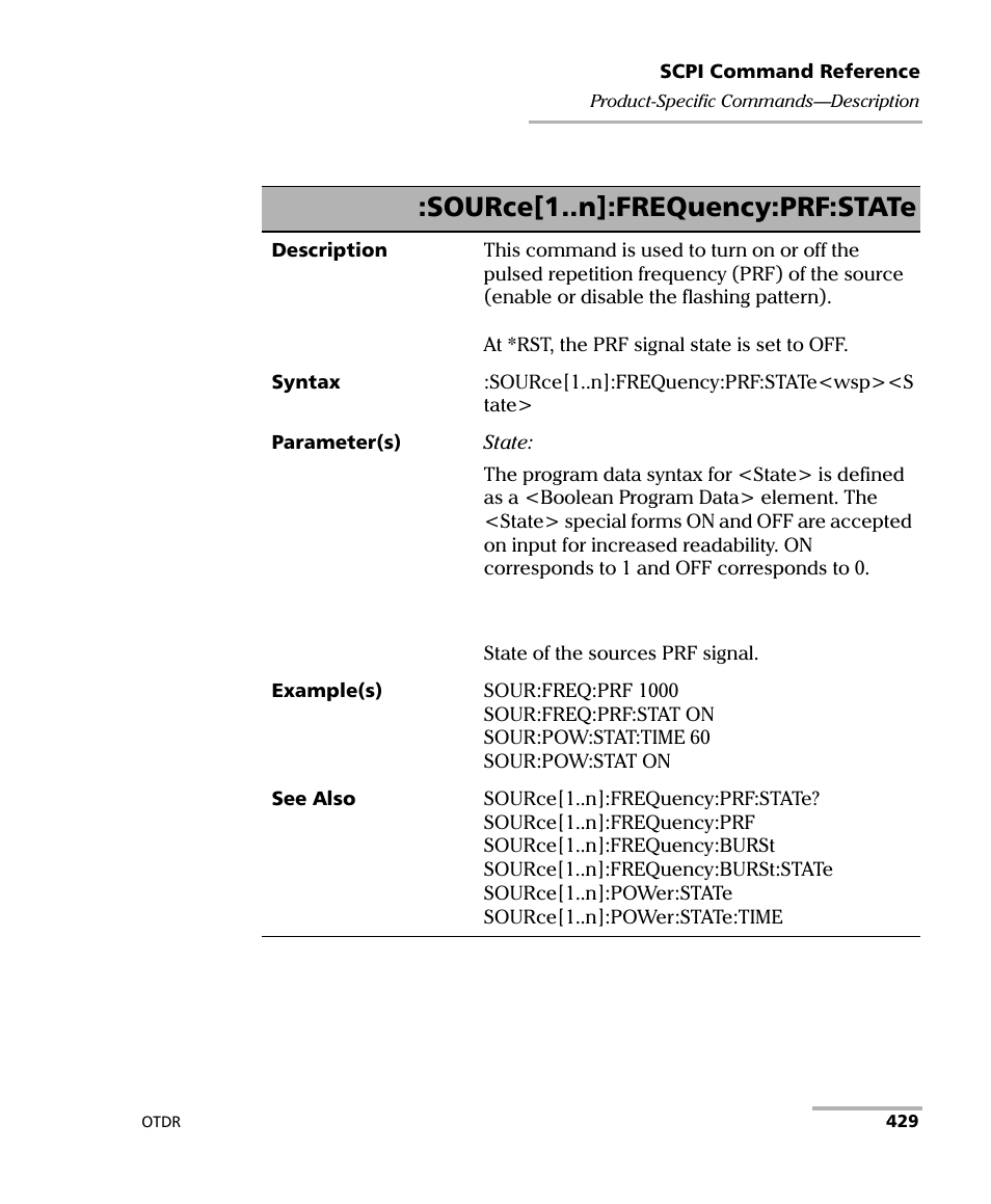 Source[1..n]:frequency:prf:state | EXFO FTB-7000 OTDR Series for FTB-500 User Manual | Page 443 / 482