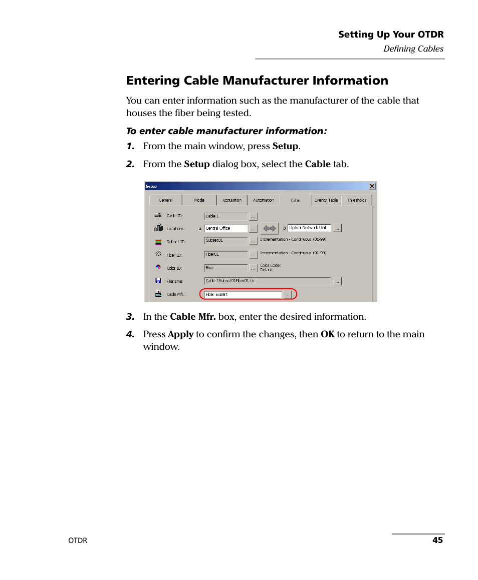 Entering cable manufacturer information | EXFO FTB-7000 OTDR Series for FTB-500 User Manual | Page 59 / 482