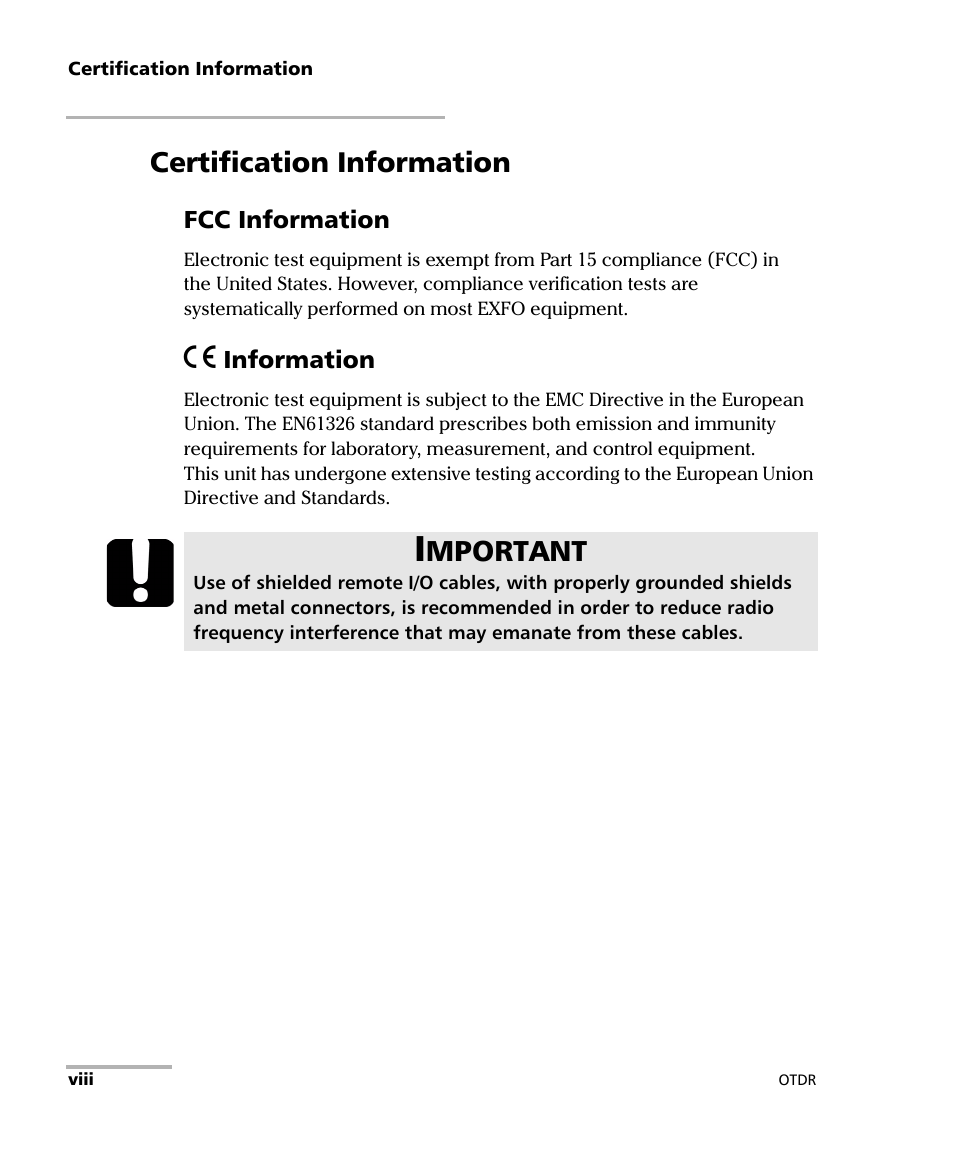 Certification information, Mportant | EXFO FTB-7000 OTDR Series for FTB-500 User Manual | Page 8 / 482