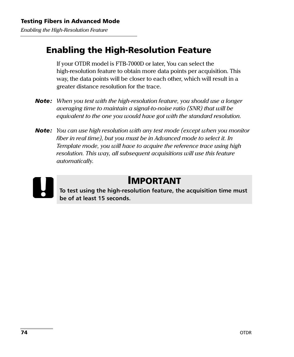 Enabling the high-resolution feature, Mportant | EXFO FTB-7000 OTDR Series for FTB-500 User Manual | Page 88 / 482