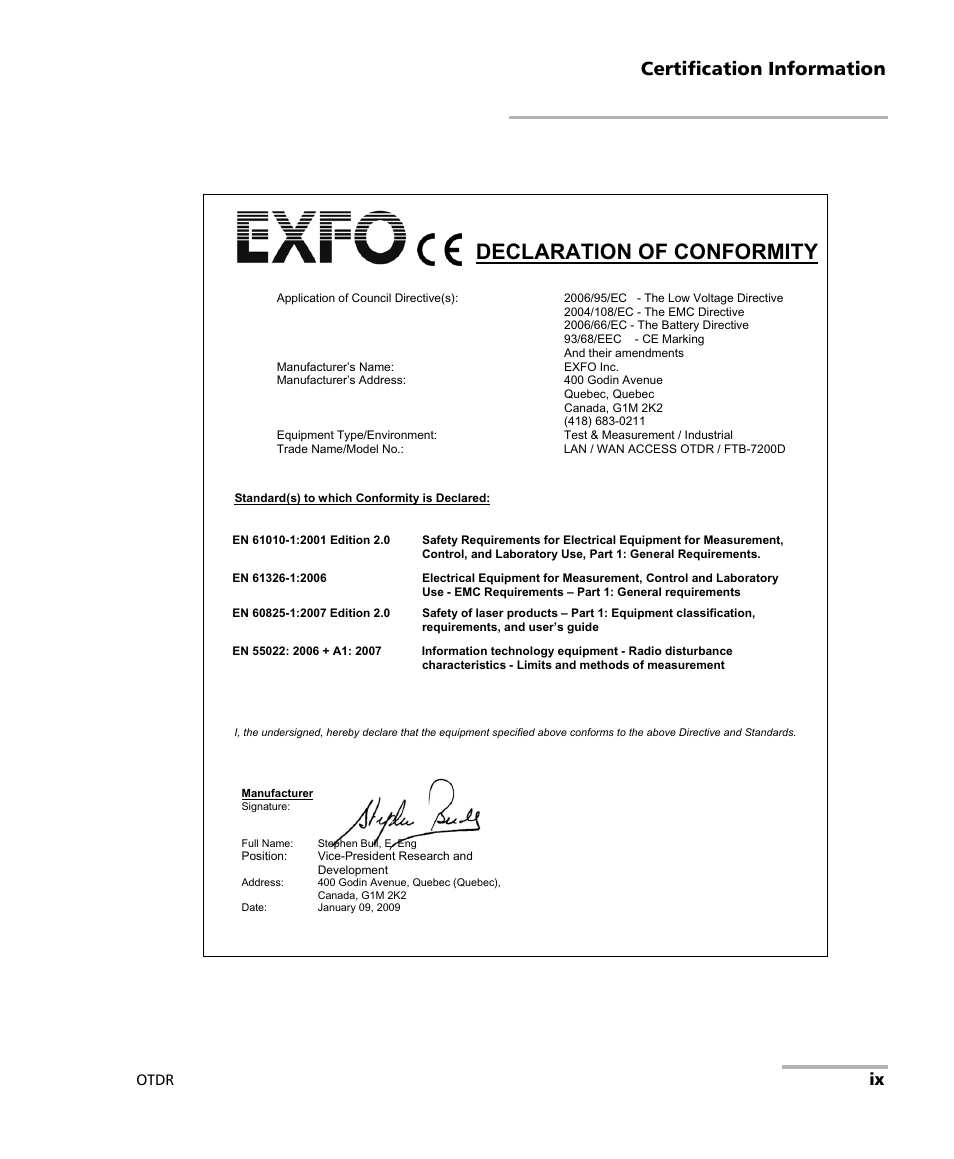 Declaration of conformity, Certification information, Otdr | EXFO FTB-7000 OTDR Series for FTB-500 User Manual | Page 9 / 482