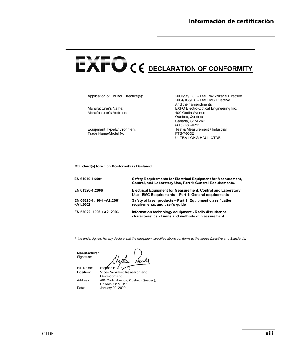 Declaration of conformity, Información de certificación, Xiii | Otdr | EXFO FTB-7000 OTDR Series for FTB-500 User Manual | Page 13 / 489