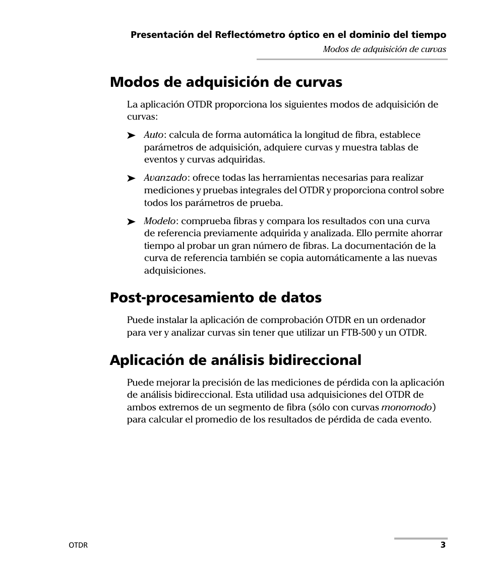 Modos de adquisición de curvas, Post-procesamiento de datos, Aplicación de análisis bidireccional | EXFO FTB-7000 OTDR Series for FTB-500 User Manual | Page 17 / 489