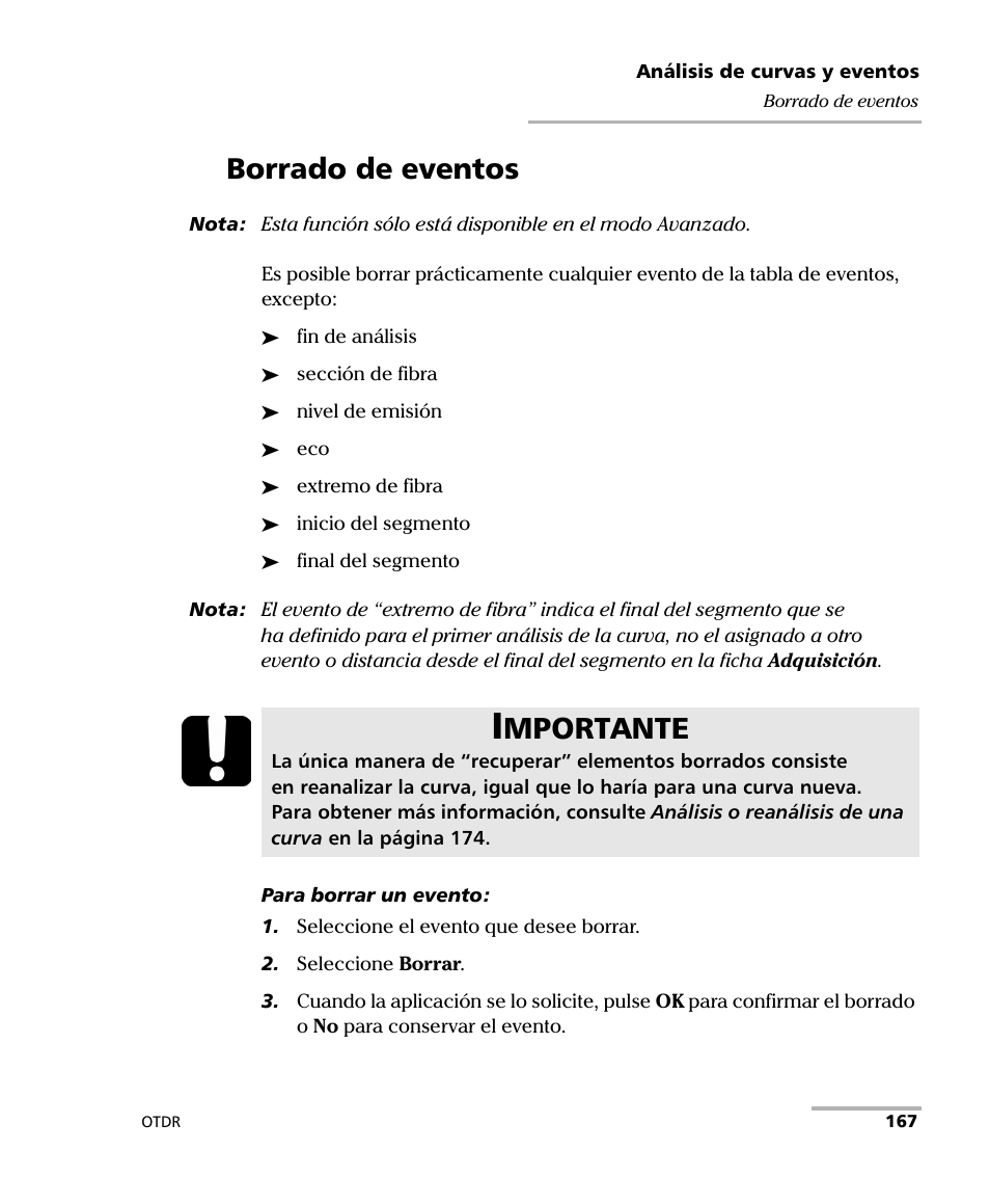 Borrado de eventos, Mportante | EXFO FTB-7000 OTDR Series for FTB-500 User Manual | Page 181 / 489