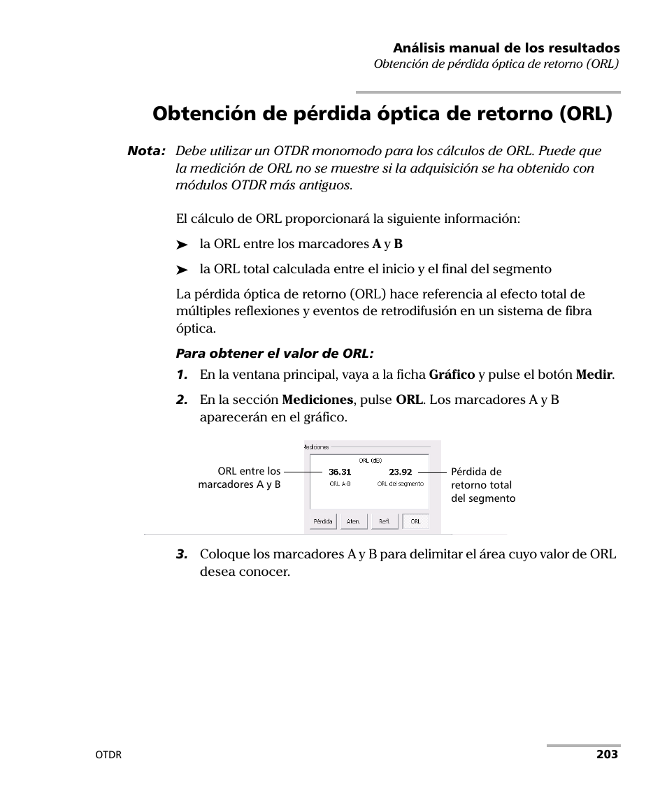 Obtención de pérdida óptica de retorno (orl) | EXFO FTB-7000 OTDR Series for FTB-500 User Manual | Page 217 / 489