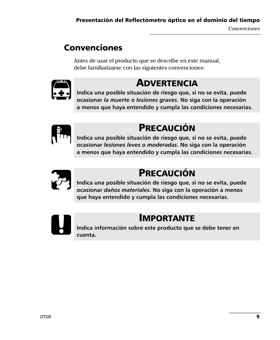 Convenciones, Dvertencia, Recaución | Mportante | EXFO FTB-7000 OTDR Series for FTB-500 User Manual | Page 23 / 489