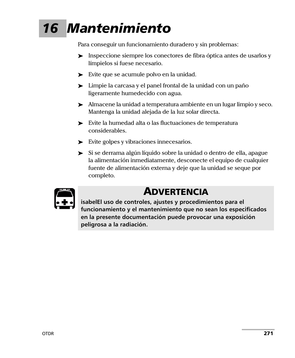 16 mantenimiento, Dvertencia | EXFO FTB-7000 OTDR Series for FTB-500 User Manual | Page 285 / 489