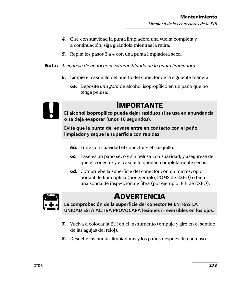 Mportante, Dvertencia | EXFO FTB-7000 OTDR Series for FTB-500 User Manual | Page 287 / 489