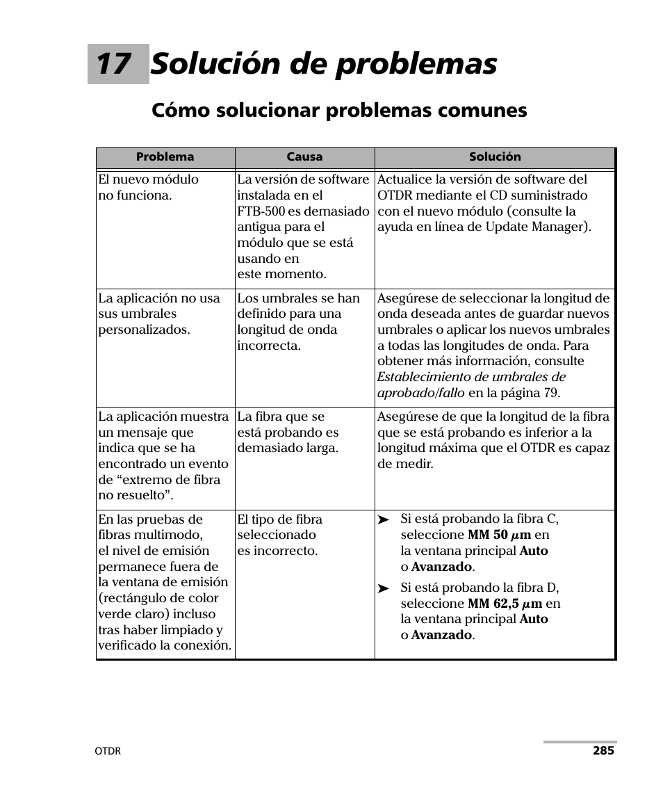 17 solución de problemas, Cómo solucionar problemas comunes | EXFO FTB-7000 OTDR Series for FTB-500 User Manual | Page 299 / 489