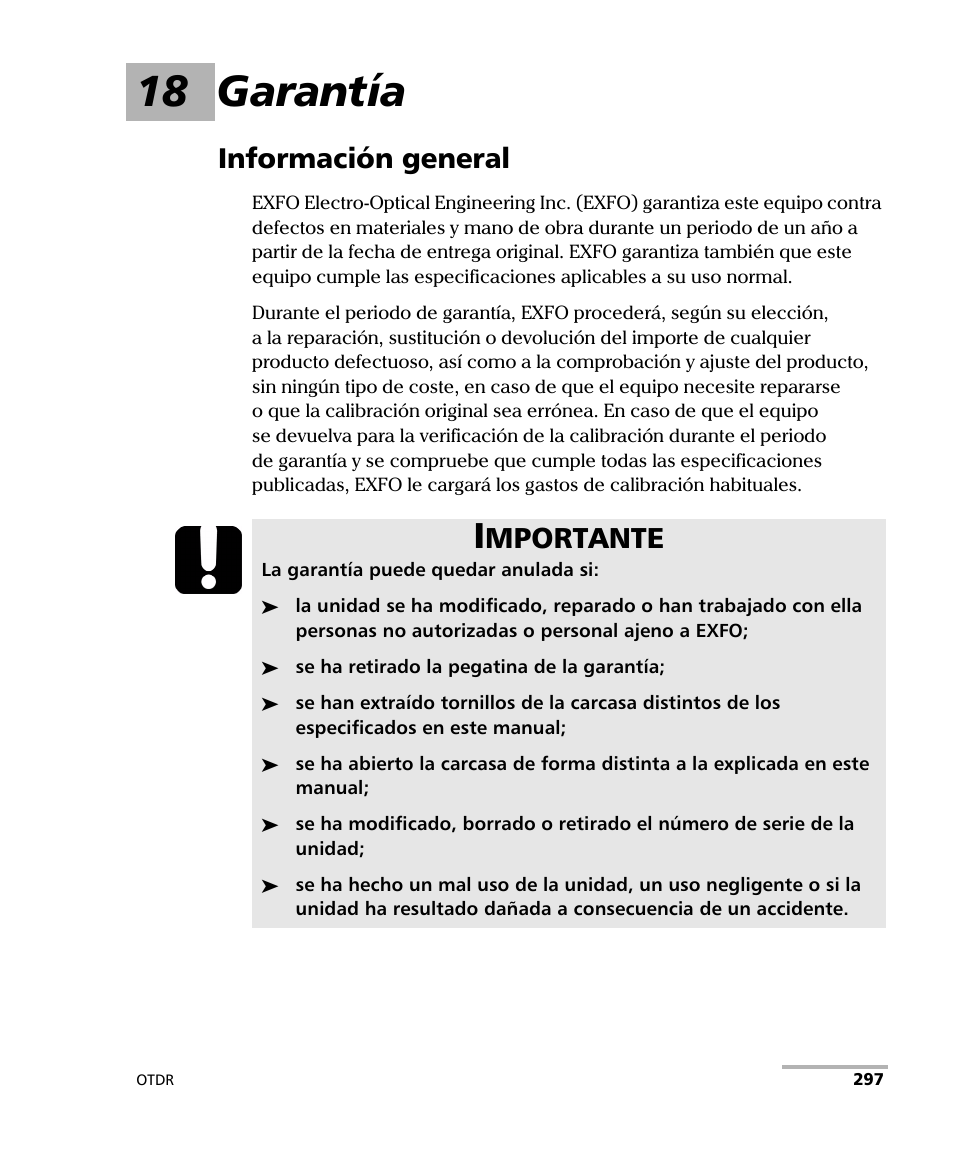 18 garantía, Información general, Mportante | EXFO FTB-7000 OTDR Series for FTB-500 User Manual | Page 311 / 489