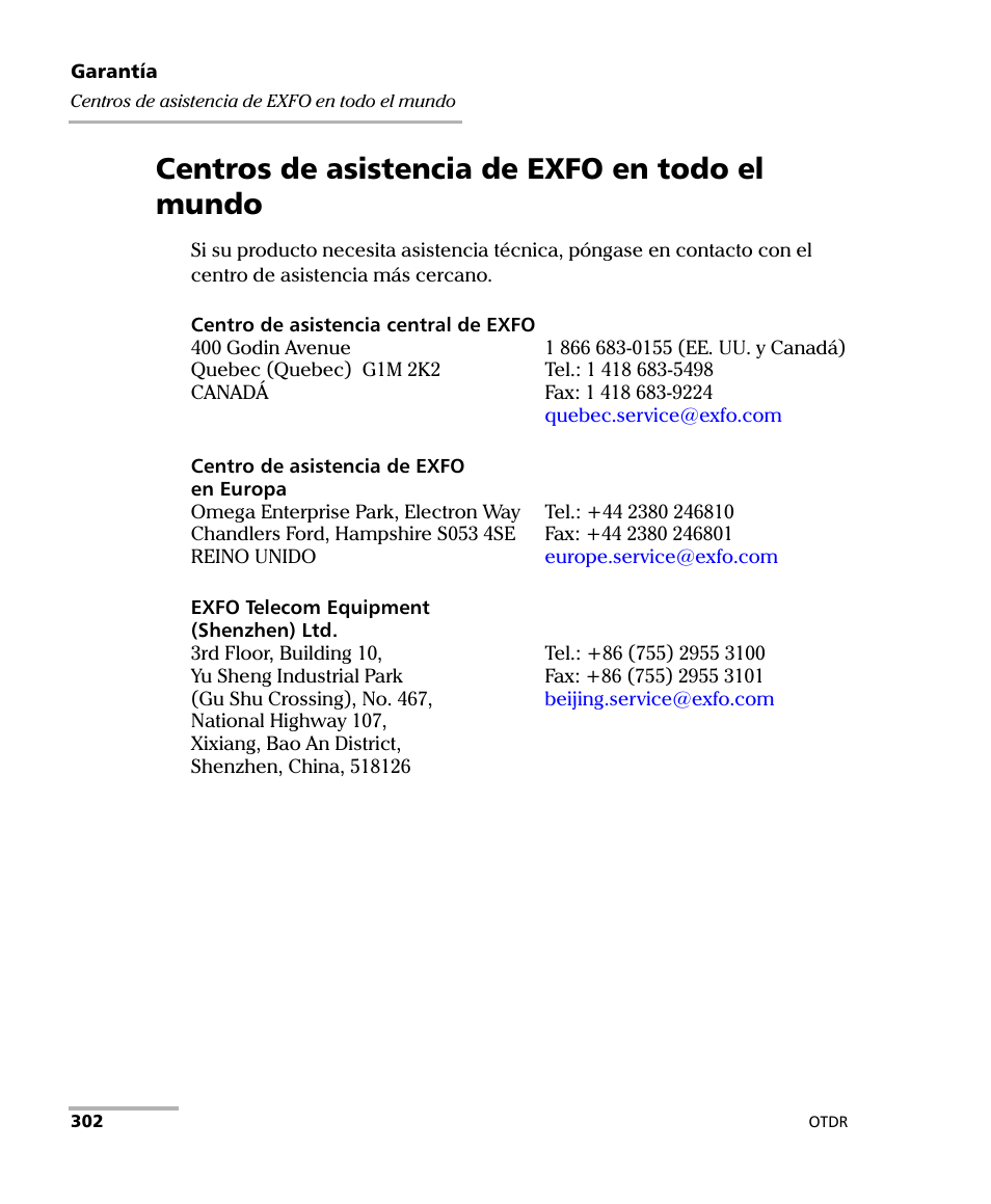 Centros de asistencia de exfo en todo el mundo | EXFO FTB-7000 OTDR Series for FTB-500 User Manual | Page 316 / 489