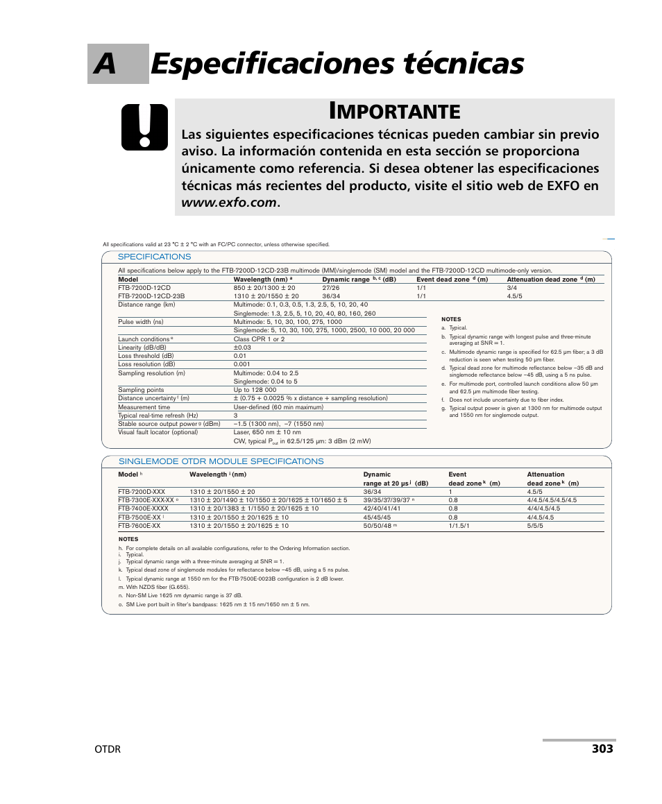 A especificaciones técnicas, Mportante, Otdr | EXFO FTB-7000 OTDR Series for FTB-500 User Manual | Page 317 / 489