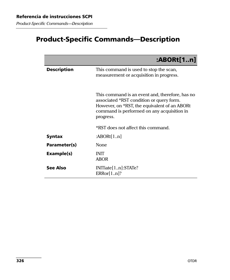 Product-specific commands-description, Product-specific commands—description, Abort[1..n | EXFO FTB-7000 OTDR Series for FTB-500 User Manual | Page 340 / 489