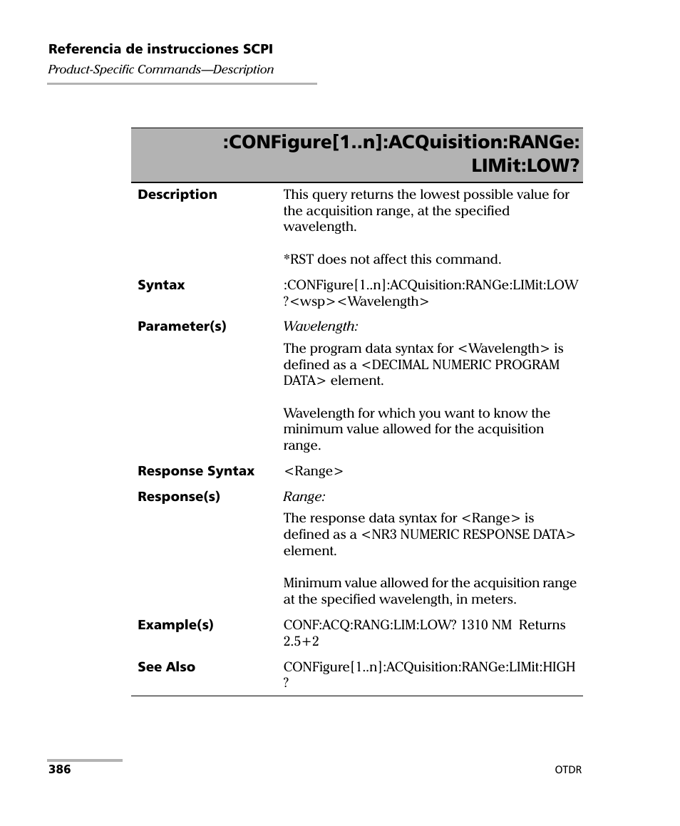 Configure[1..n]:acquisition:range: limit:low | EXFO FTB-7000 OTDR Series for FTB-500 User Manual | Page 400 / 489