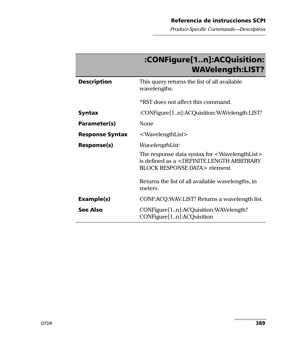 Configure[1..n]:acquisition: wavelength:list | EXFO FTB-7000 OTDR Series for FTB-500 User Manual | Page 403 / 489