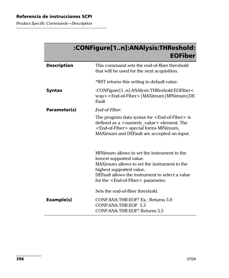 Configure[1..n]:analysis:threshold: eofiber | EXFO FTB-7000 OTDR Series for FTB-500 User Manual | Page 410 / 489