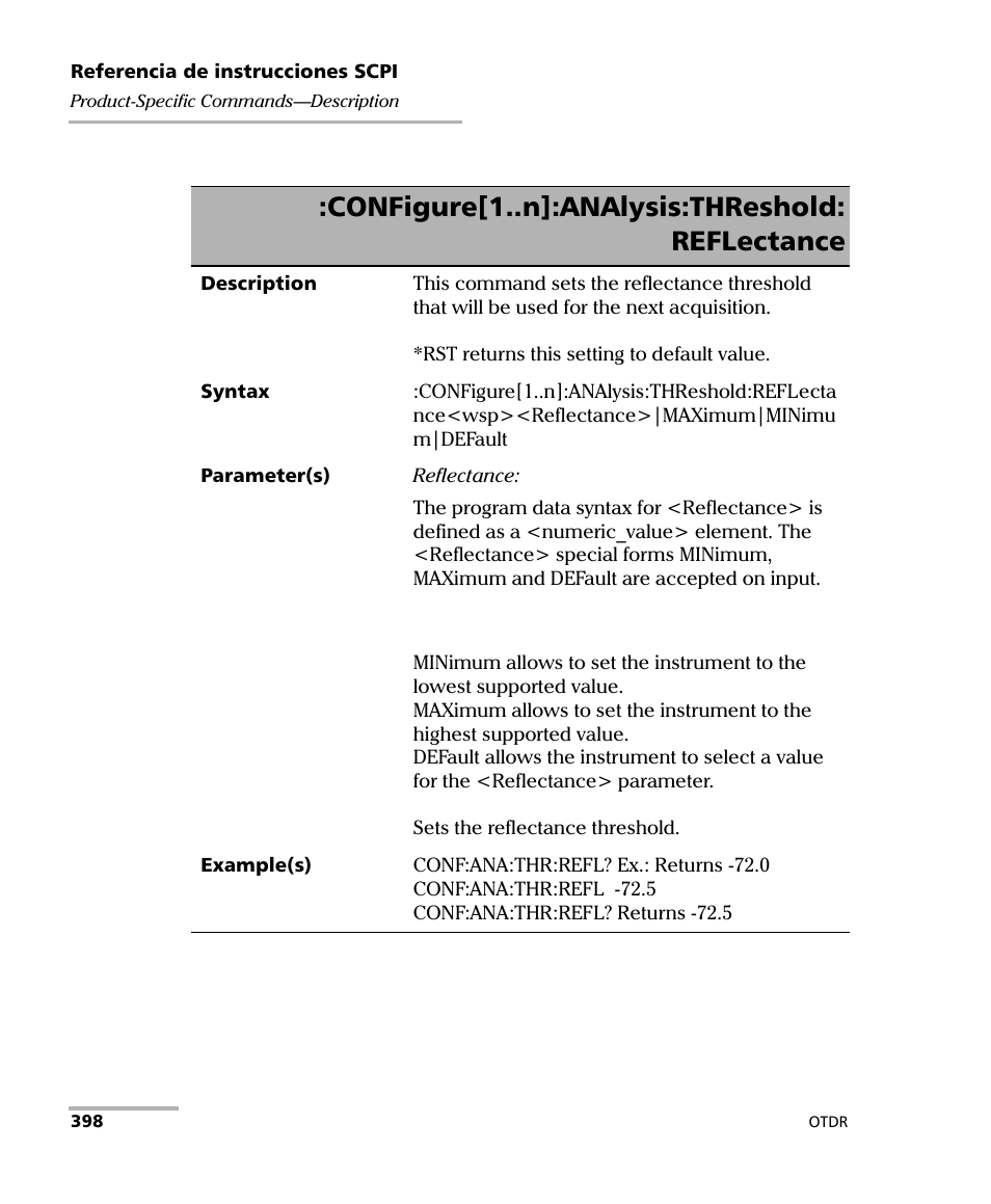 Configure[1..n]:analysis:threshold: reflectance | EXFO FTB-7000 OTDR Series for FTB-500 User Manual | Page 412 / 489