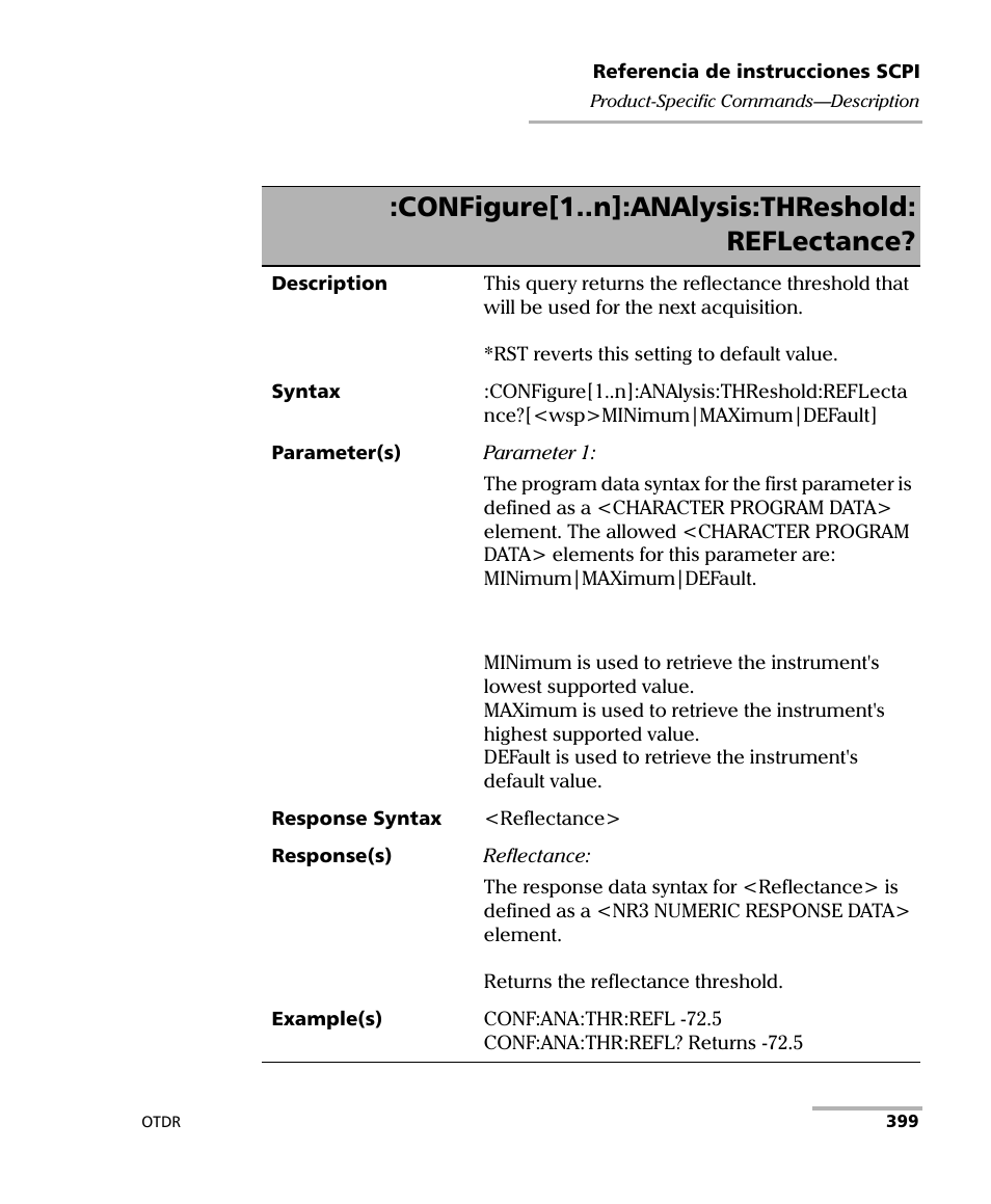 Configure[1..n]:analysis:threshold: reflectance | EXFO FTB-7000 OTDR Series for FTB-500 User Manual | Page 413 / 489