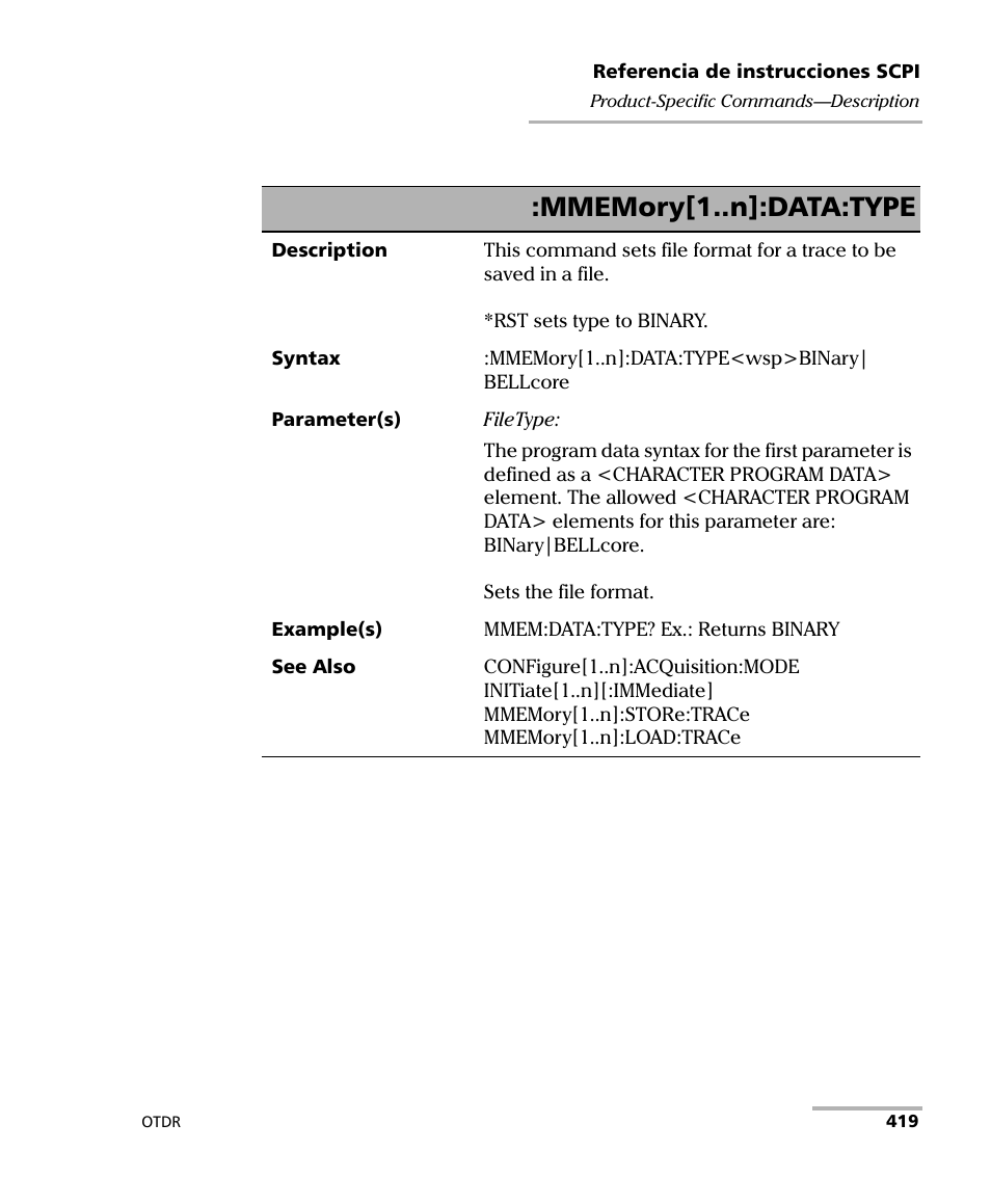 Te :mmemory[1..n]:data:type | EXFO FTB-7000 OTDR Series for FTB-500 User Manual | Page 433 / 489