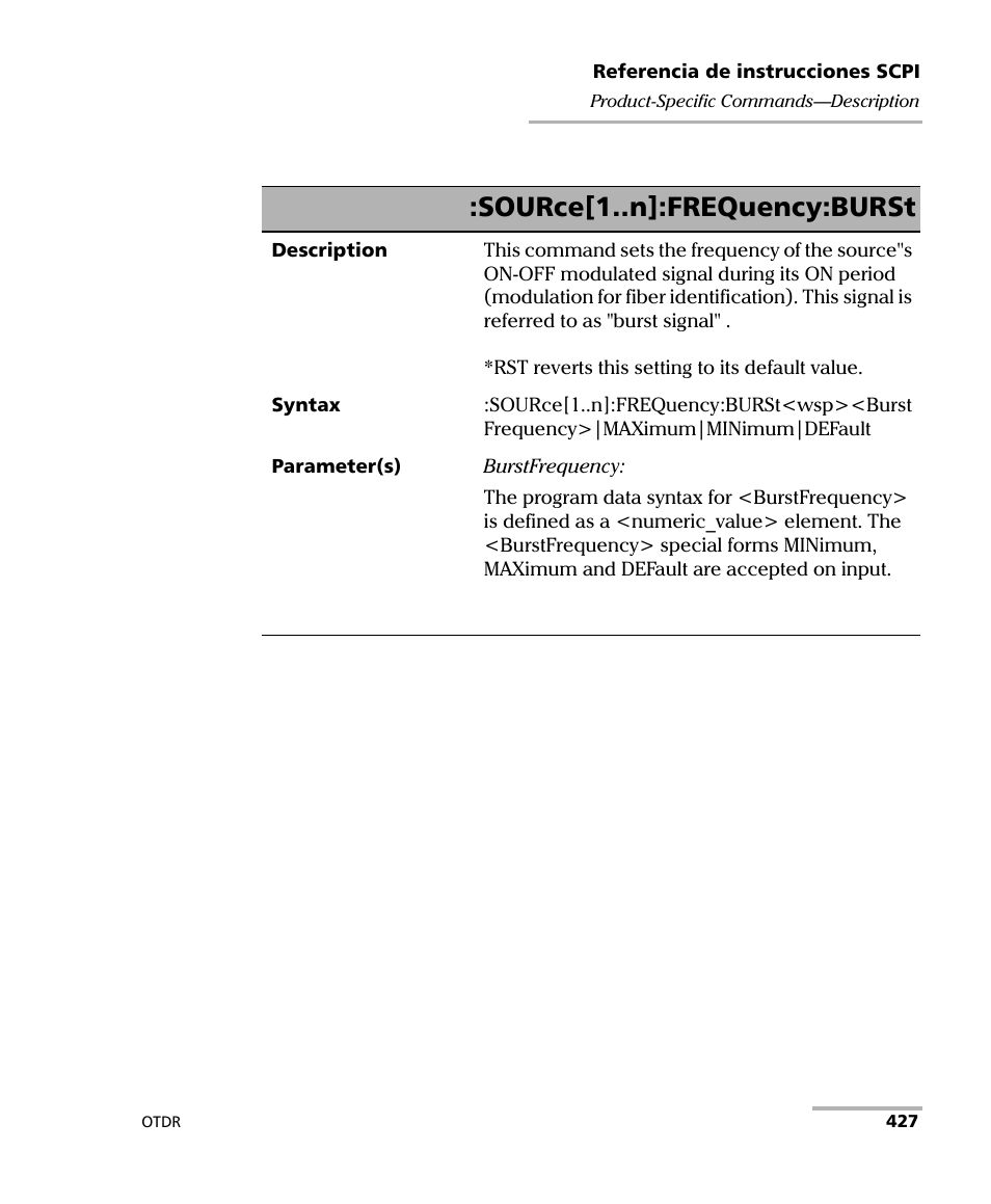Source[1..n]:frequency:burst | EXFO FTB-7000 OTDR Series for FTB-500 User Manual | Page 441 / 489