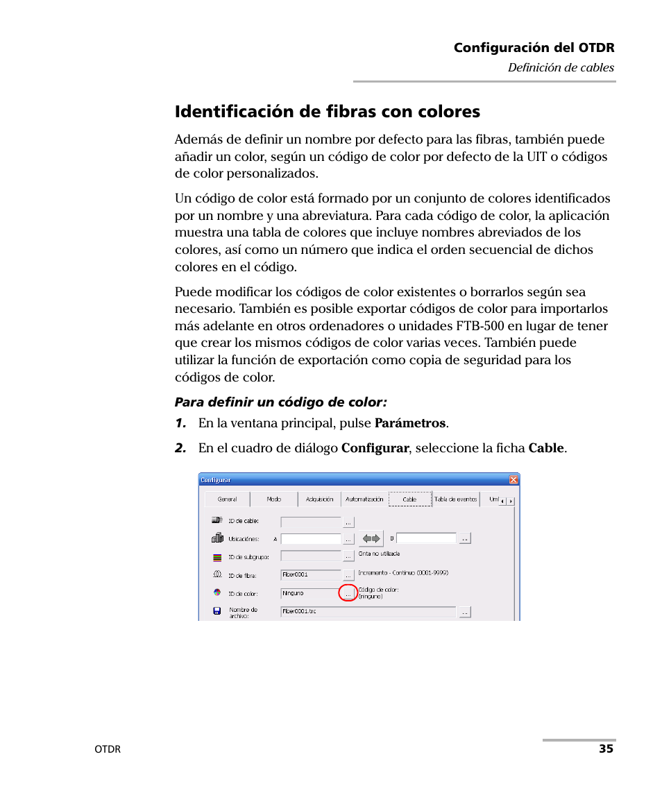 Identificación de fibras con colores | EXFO FTB-7000 OTDR Series for FTB-500 User Manual | Page 49 / 489