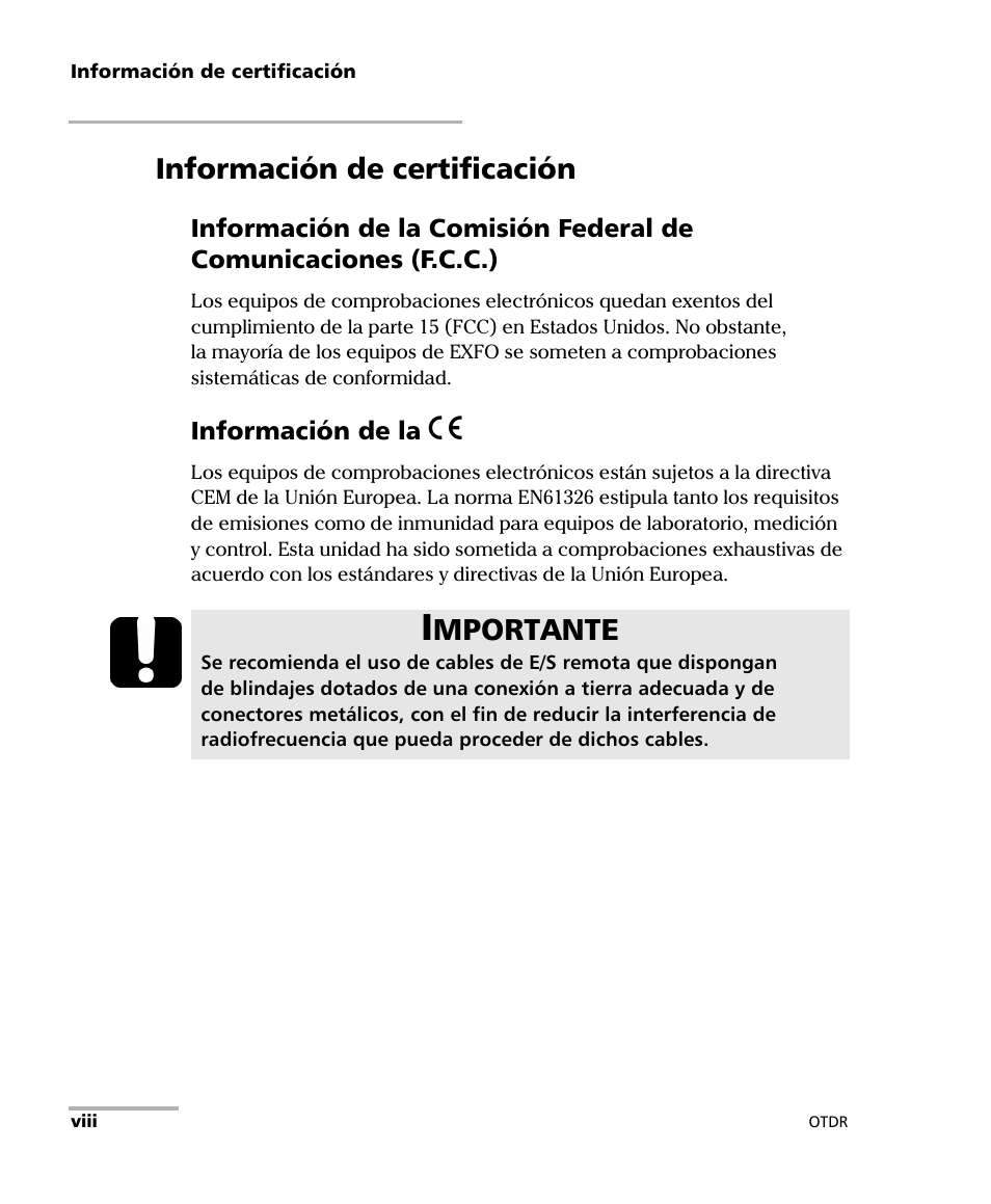 Información de certificación, Mportante | EXFO FTB-7000 OTDR Series for FTB-500 User Manual | Page 8 / 489