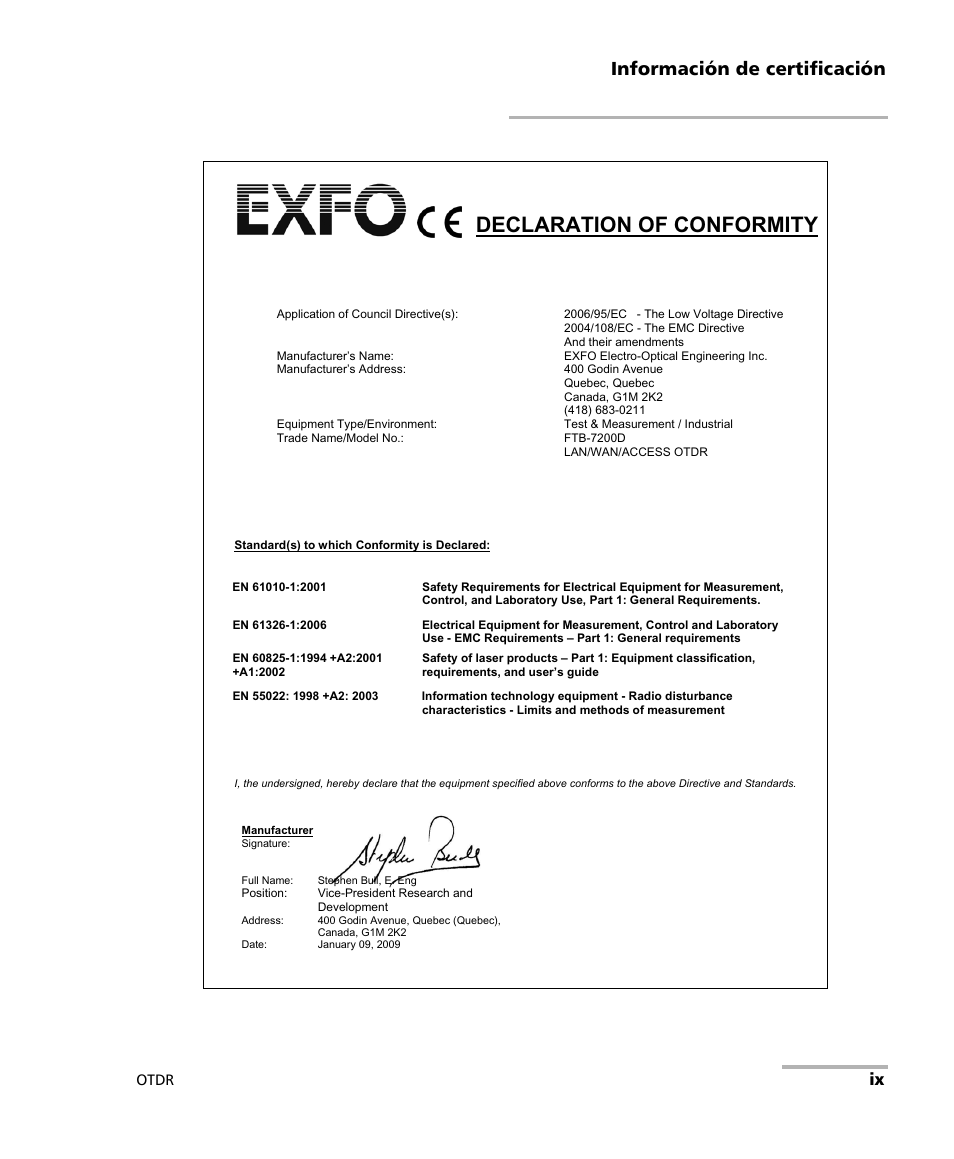 Declaration of conformity, Información de certificación, Otdr | EXFO FTB-7000 OTDR Series for FTB-500 User Manual | Page 9 / 489
