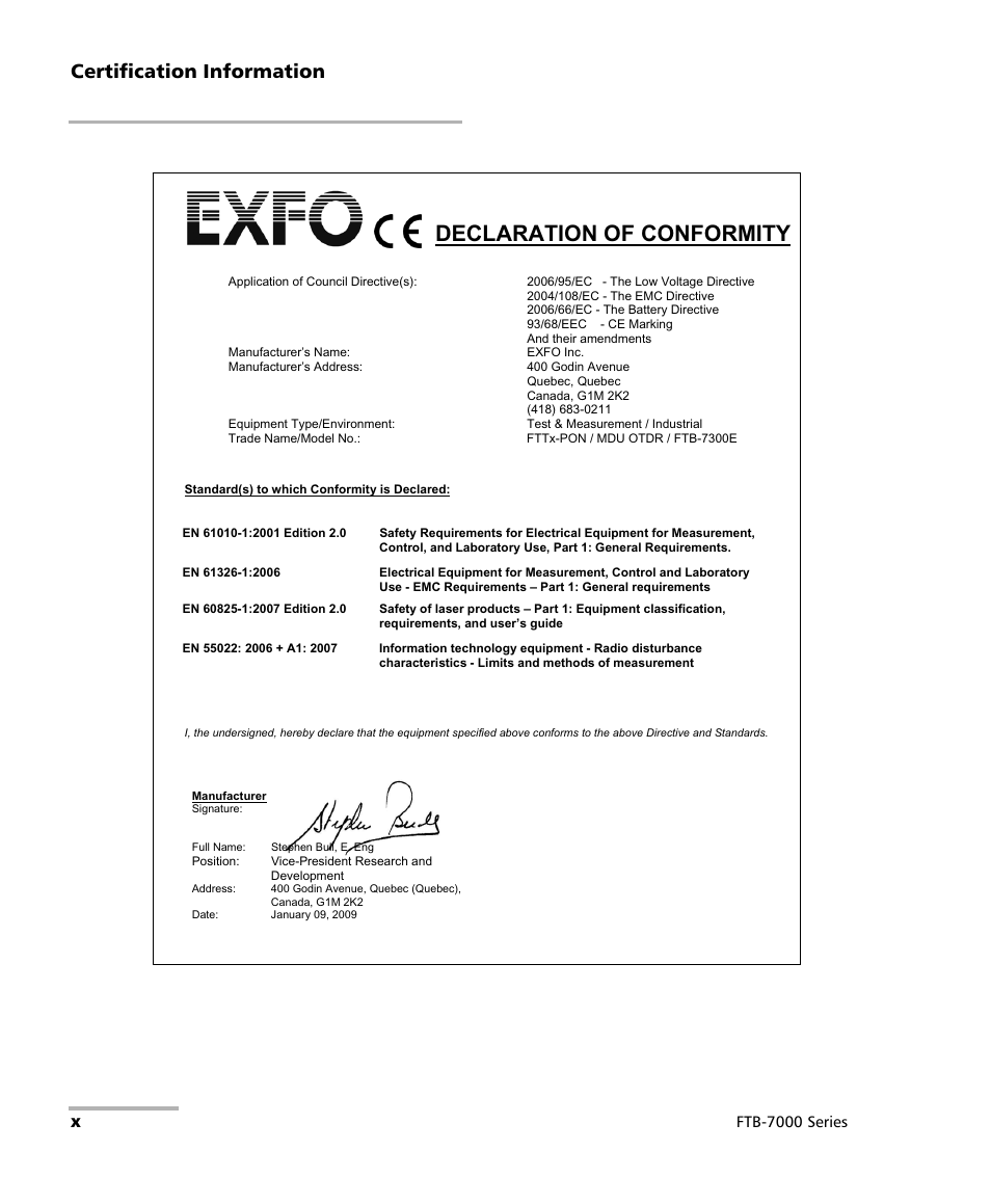 Declaration of conformity, Certification information, Ftb-7000 series | EXFO FTB-7000 OTDR for FTB-200 v2 User Manual | Page 10 / 339