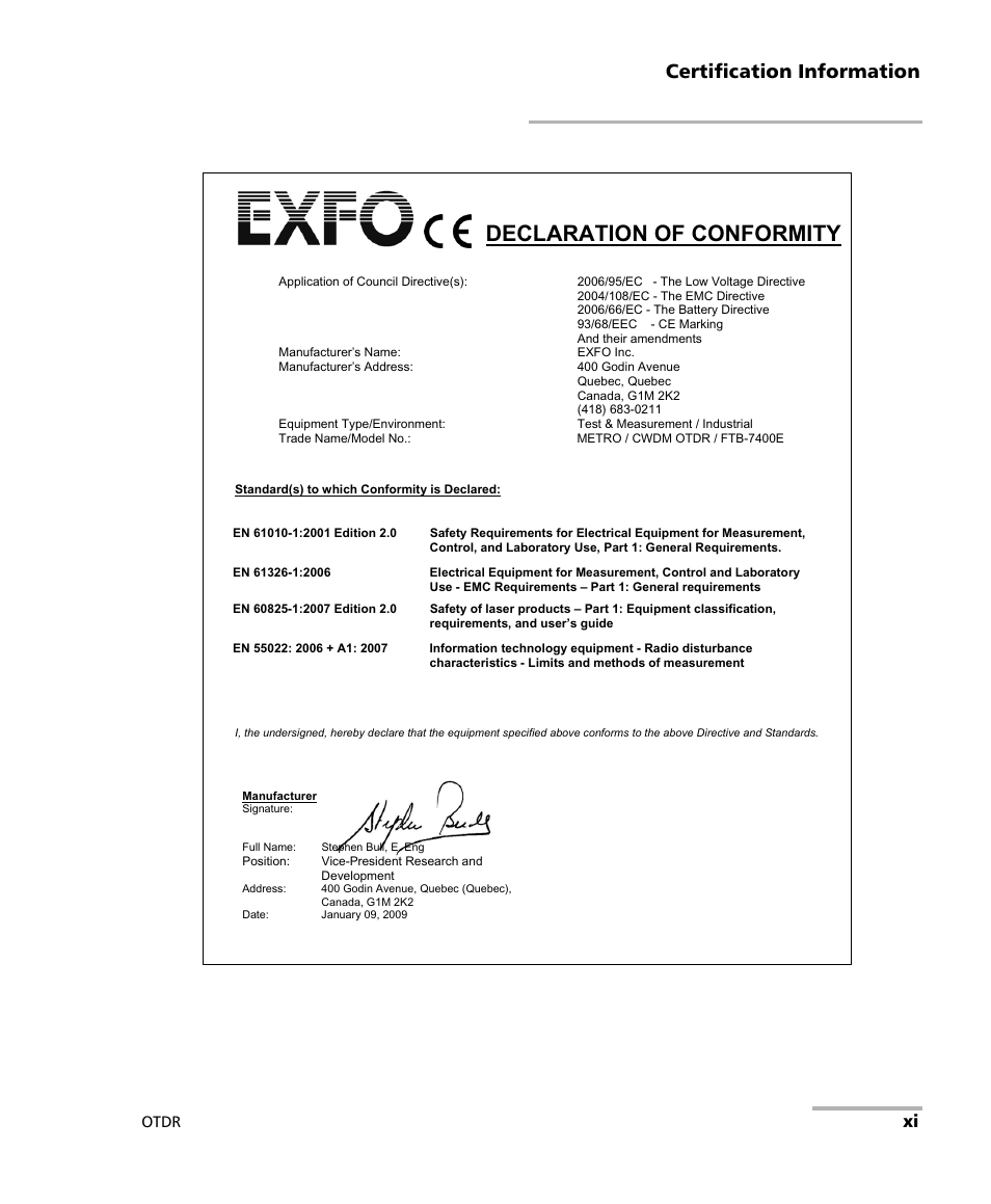 Declaration of conformity, Certification information, Otdr | EXFO FTB-7000 OTDR for FTB-200 v2 User Manual | Page 11 / 339